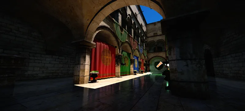 Sunlight falls through stone arches onto a polished floor, rendered in Plasma Engine