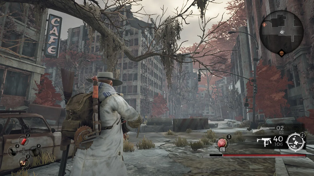 Remnant: From the Ashes gameplay: a player aims at a hulking creature in a ruined, overgrown city